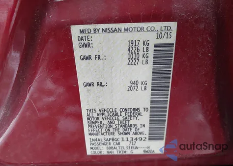 2016 Nissan Altima 2.5 Sl z USA, uszkodzony, nr VIN 1N4AL3AP8GC113492